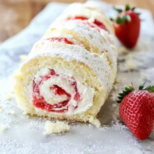 Sliced strawberry shortcake roll on marble surface with fresh strawberry.