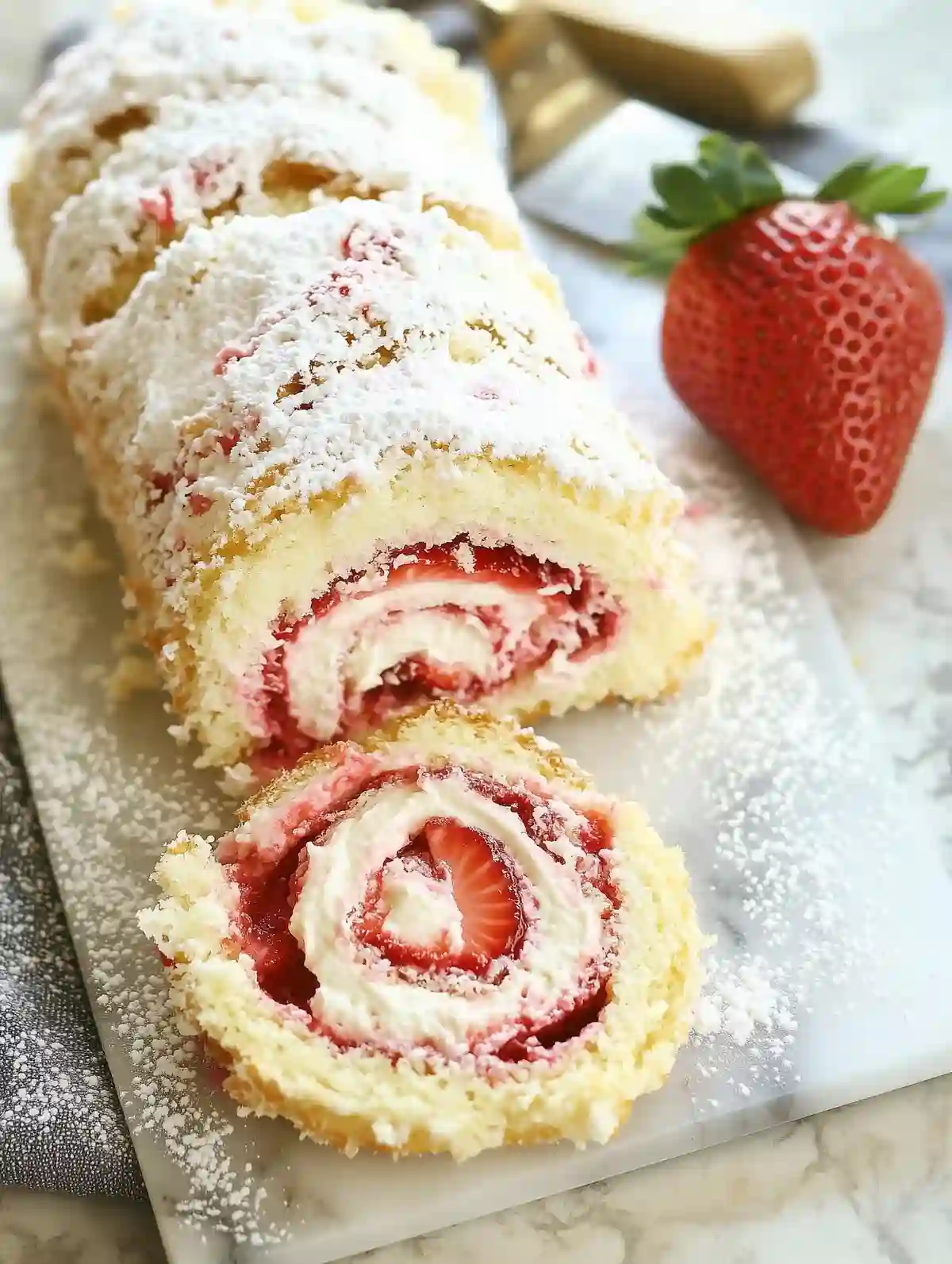Strawberry shortcake roll sliced, revealing cream and strawberry filling.