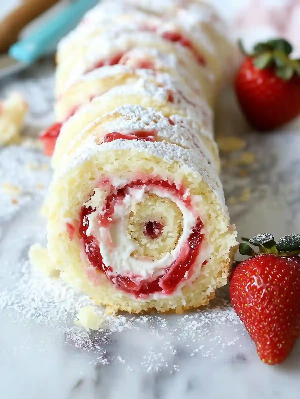 Sliced strawberry shortcake roll on marble surface with fresh strawberry.
