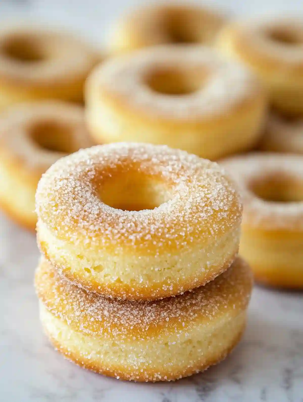 Stack of sugar-free donuts with crispy edges on white marble surface