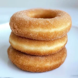 Three cinnamon-sugar coated donuts stacked on a white marble surface