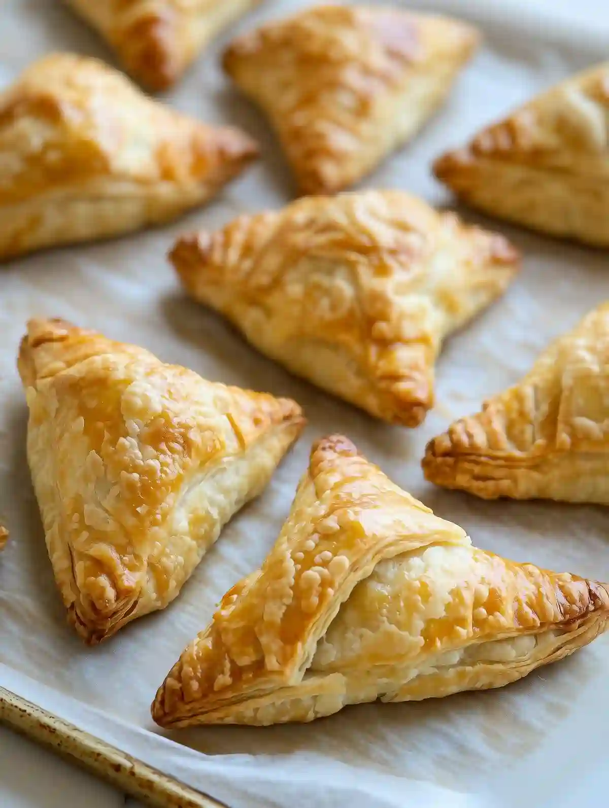 Golden-brown sweet potato turnovers with shiny glaze on marble surface