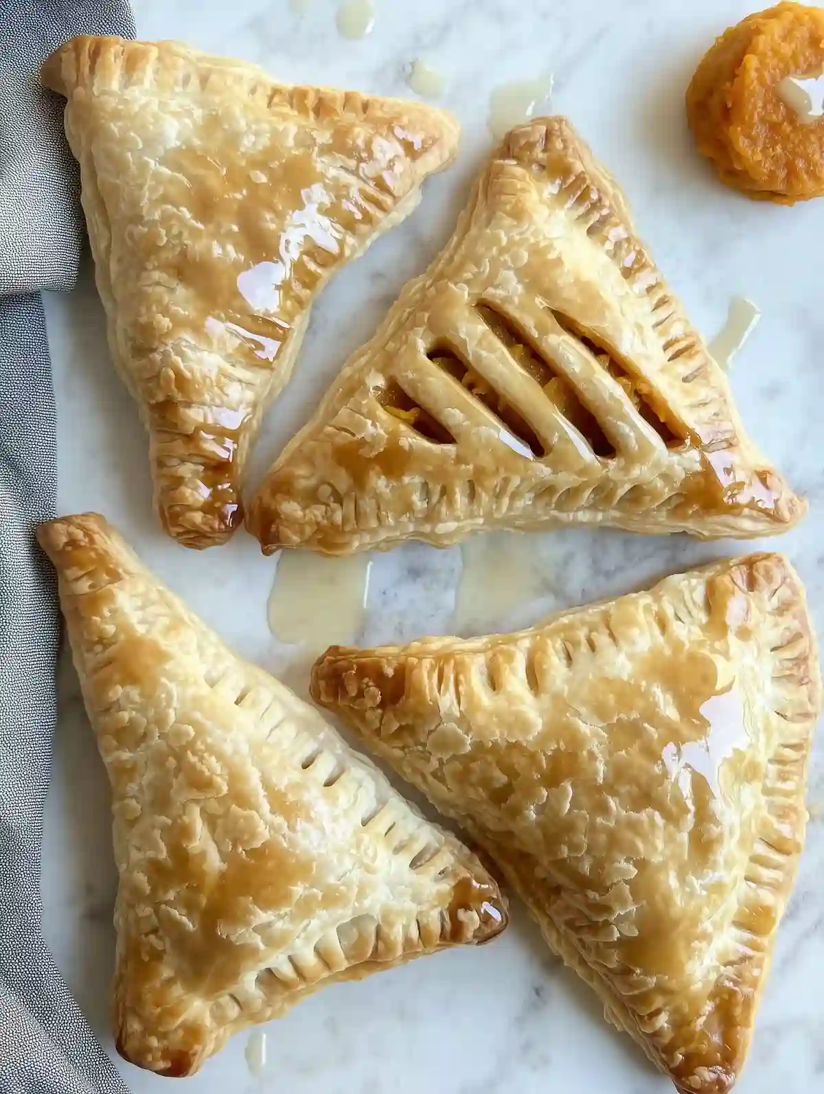 Five golden sweet potato turnovers with flaky crust on marble surface, with a small sweet potato dessert nearby.