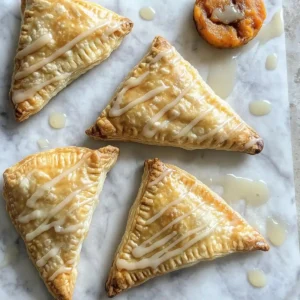 Five golden sweet potato turnovers with flaky crust on marble surface, with a small dessert nearby.