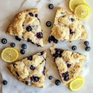 Triangular blueberry scones on a marble surface, garnished with lemon slices.