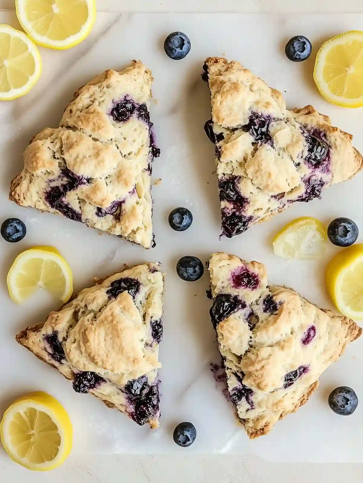 Sourdough blueberry scones arranged on marble with lemon slices and blueberries.