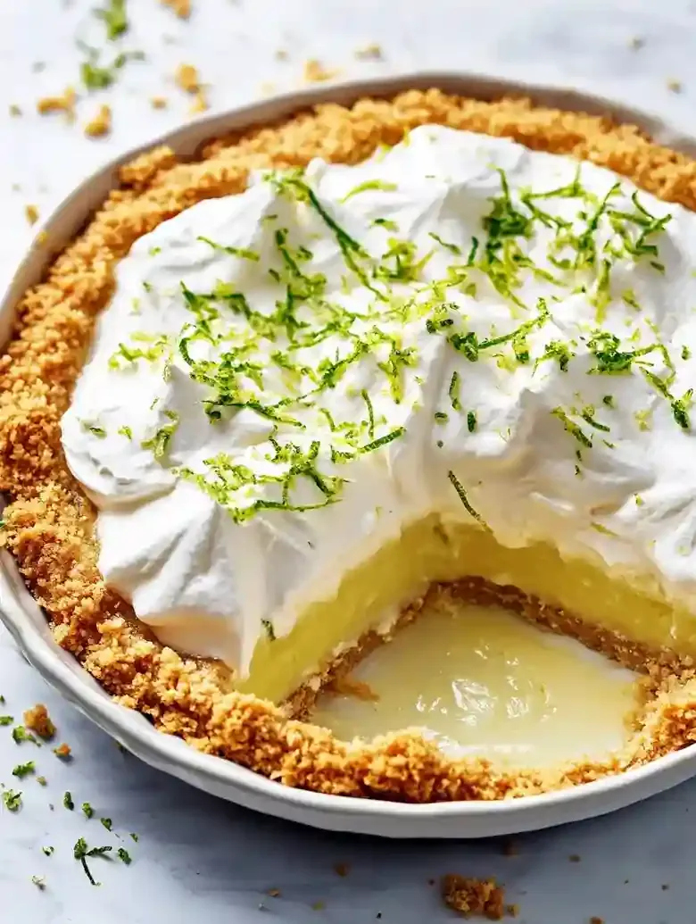 Key lime pie with graham cracker crust and whipped cream topping.