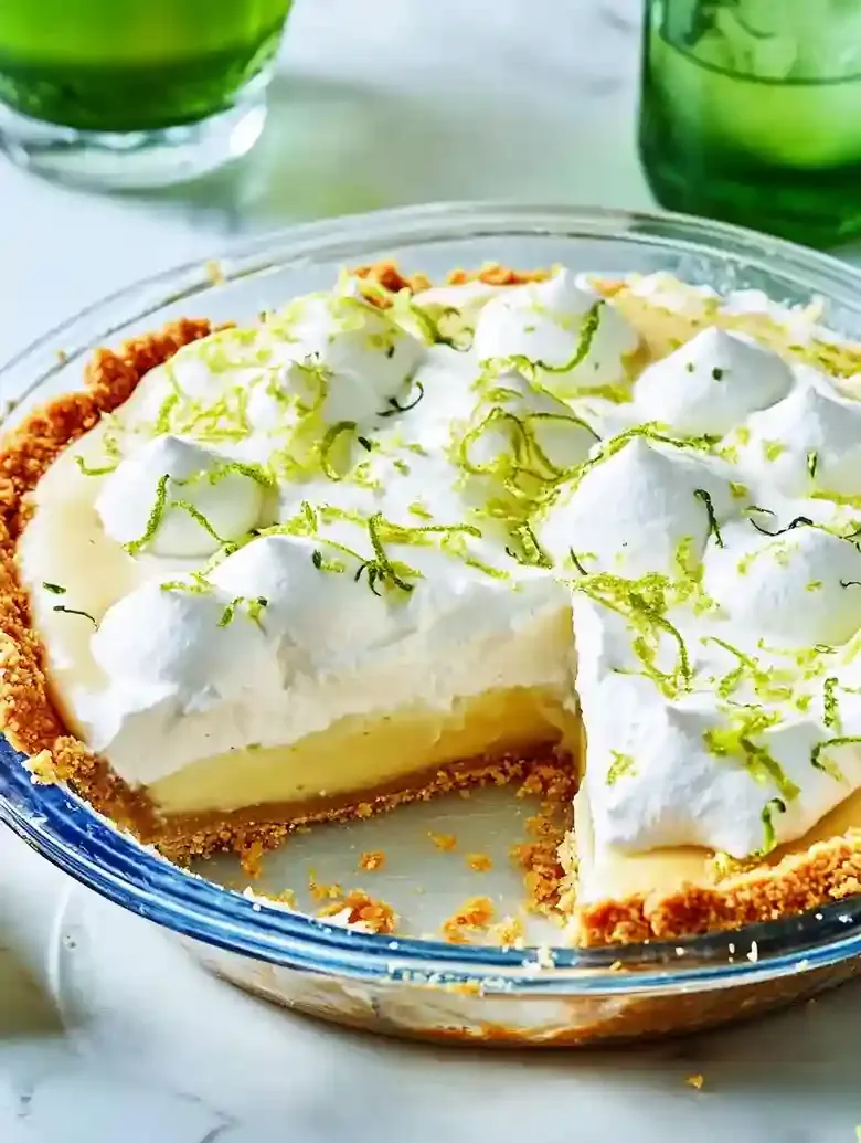 Slice of pie with cookie crust, whipped topping, and lime zest garnish.