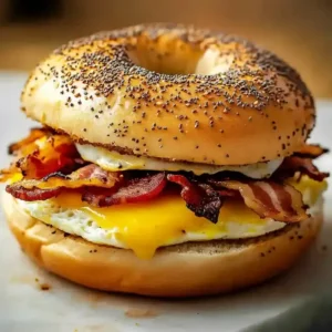 Toasted bagel sandwich with bacon, egg, and melted cheese on marble.