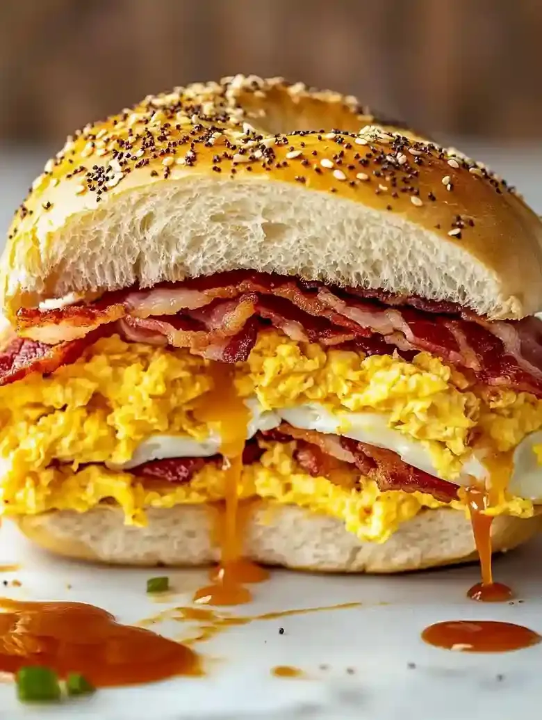 Bagel sandwich with scrambled eggs, bacon, cheese, and spicy sauce.
