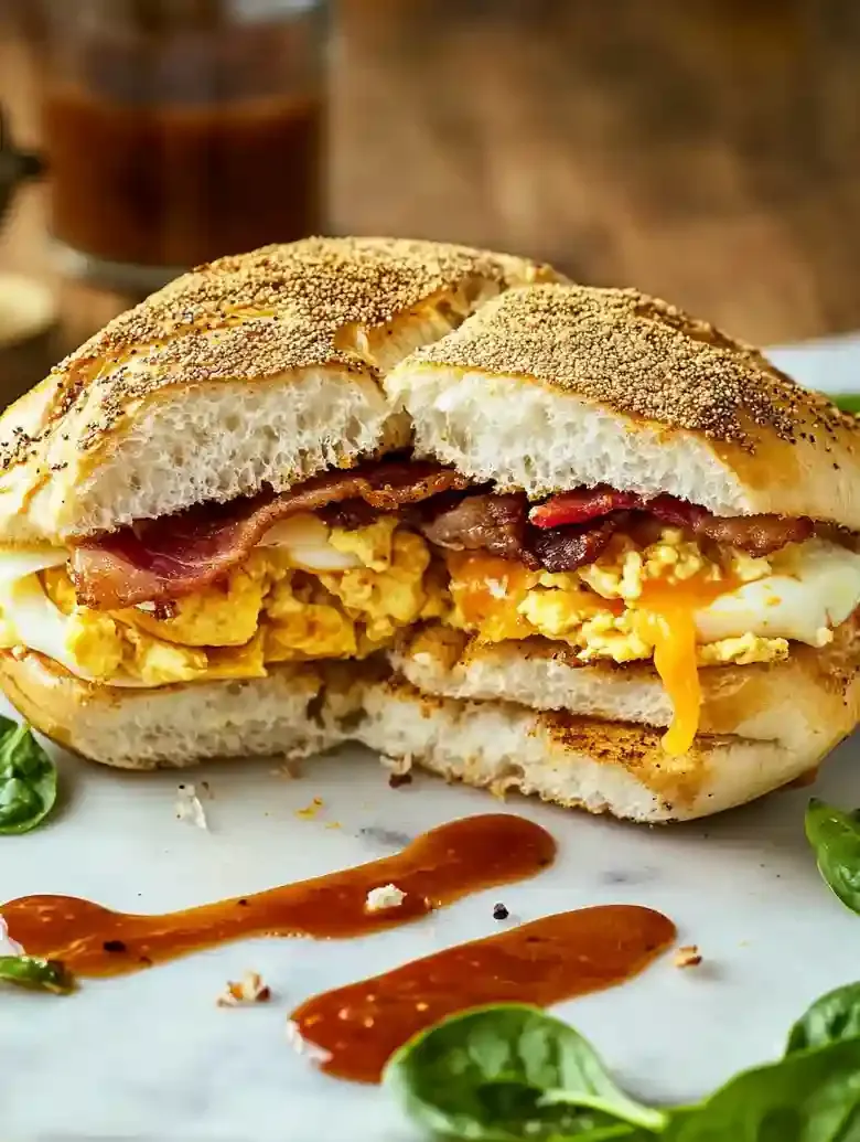 Bagel breakfast sandwich with scrambled eggs, bacon, and cheese.