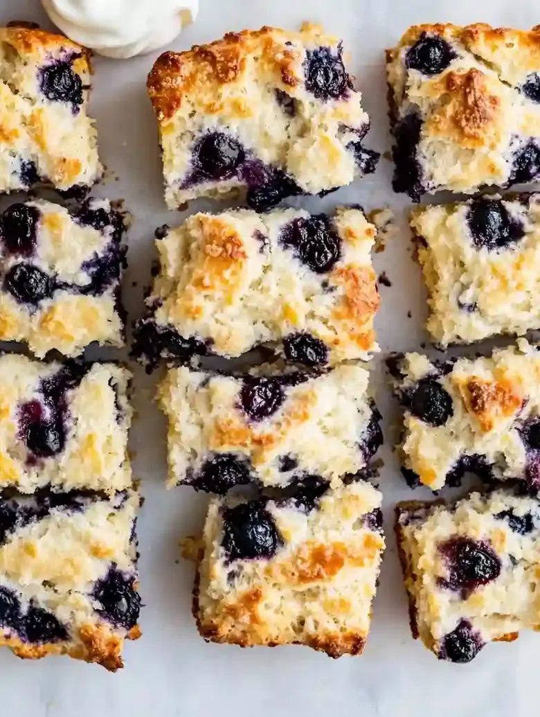Golden-brown blueberry biscuits cut into squares on a marble surface.