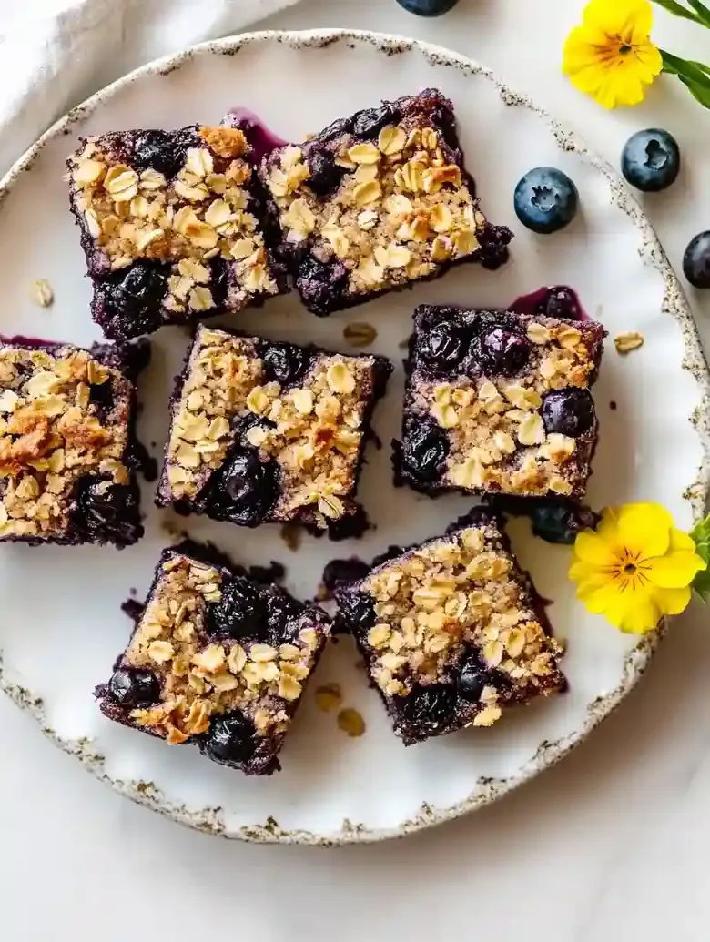 Circular plate with square blueberry bars topped with oat crumble and blueberries.