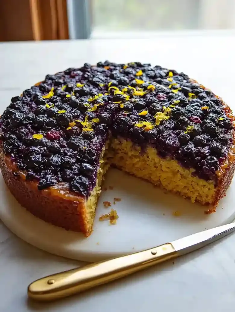 Blueberry upside-down cake with lemon zest on a marble surface.