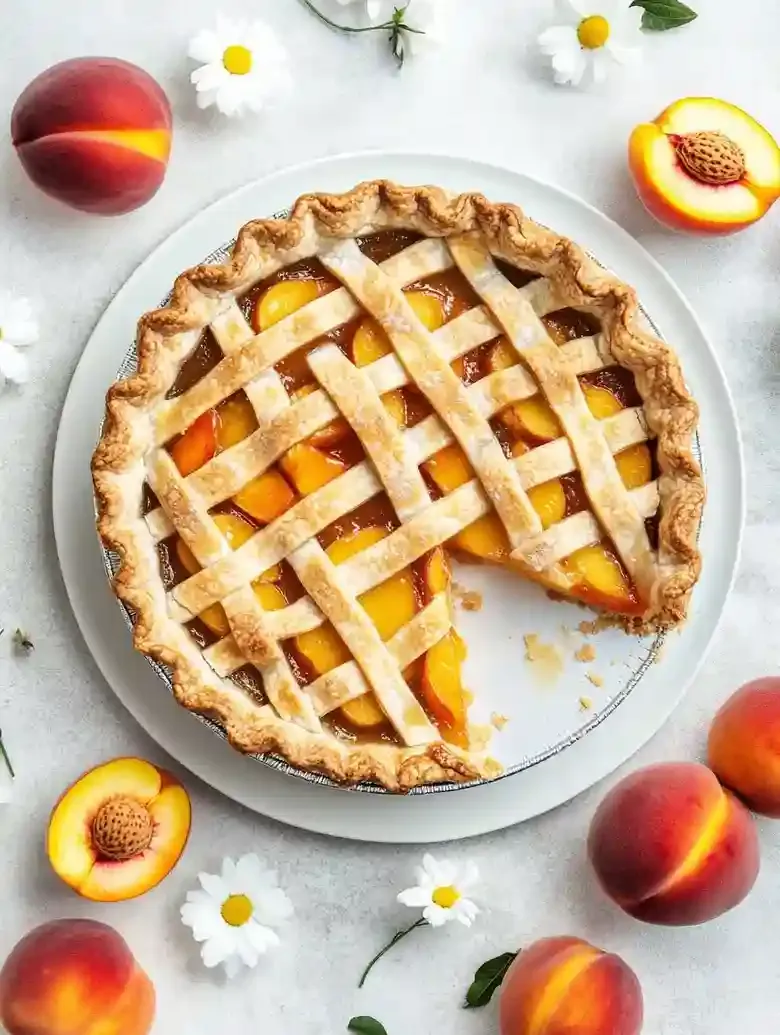 Peach pie with lattice crust, fresh peach slices, and flowers on marble.