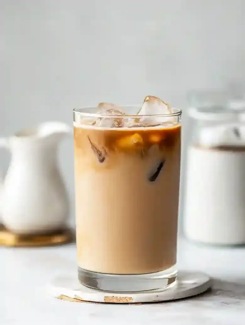 Chilled iced espresso with oat milk in a tall glass beside a cream pitcher.