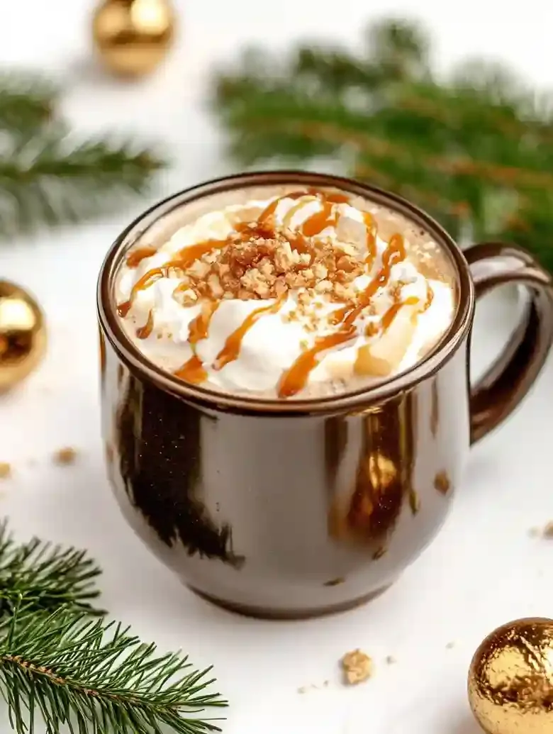 Caramel brûlée latte in dark mug, topped with whipped cream and caramel.