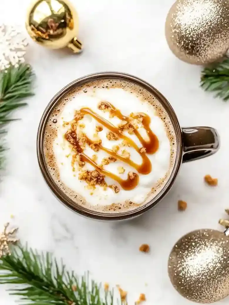 Caramel Brûlée Latte in dark mug, topped with whipped cream and toffee bits.
