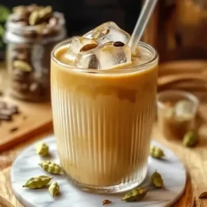 Iced latte in a glass with ice cubes and a straw on a marble surface.