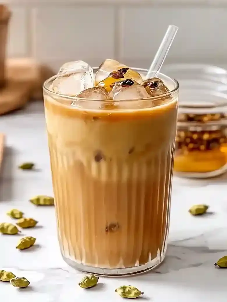 Iced honey cardamom latte in glass on marble surface, cardamom pods nearby.