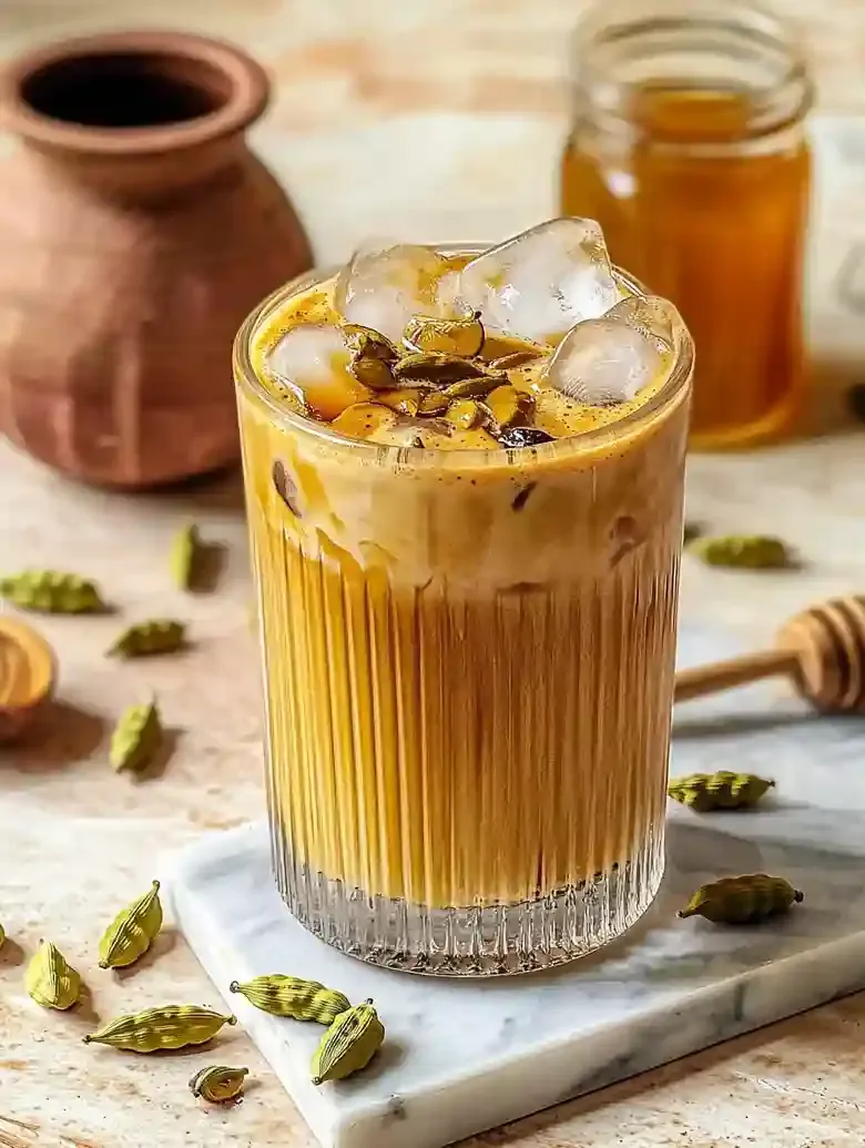 Iced honey cardamom latte in textured glass on marble surface with cardamom pods.