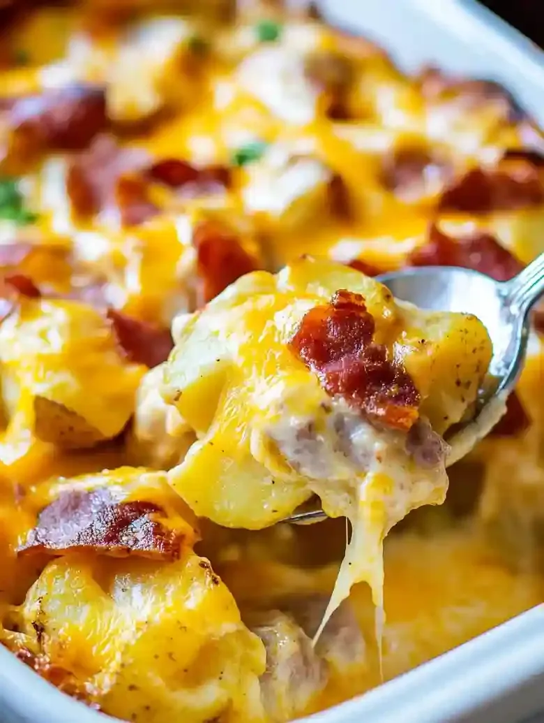 Baked chicken and sausage dish with melted cheddar cheese, bubbling.