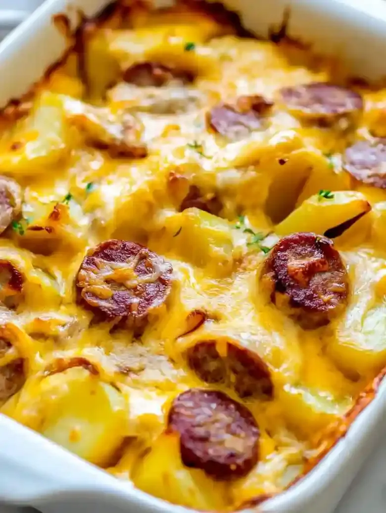 Baked potato and sausage casserole with melted cheese in a white dish.