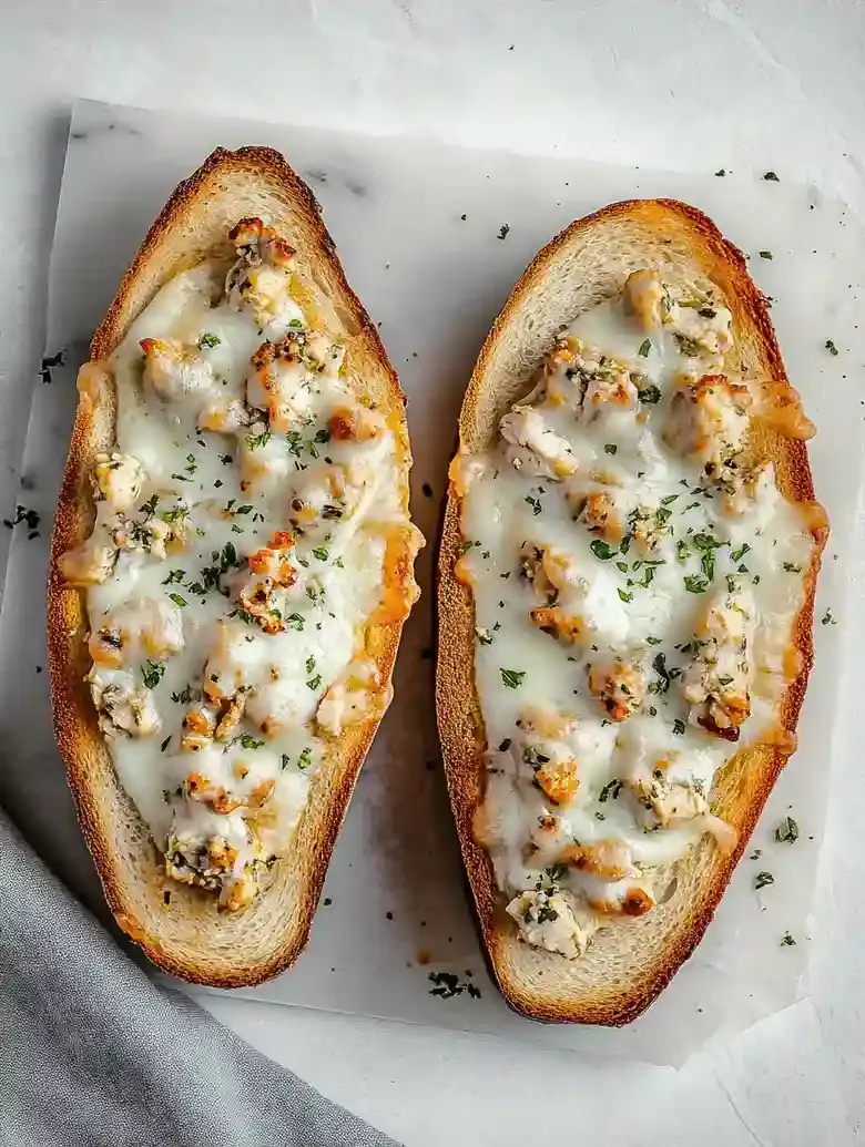 Toasted bread topped with melted cheese and savory chicken mixture.