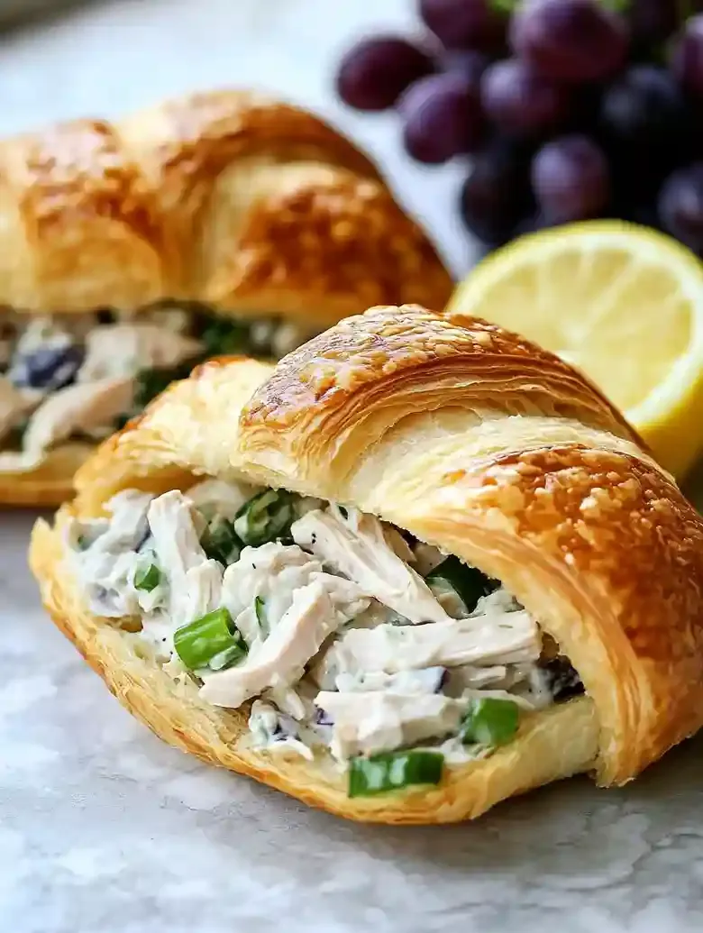 Croissants filled with chicken salad, green onions, and grapes on marble.