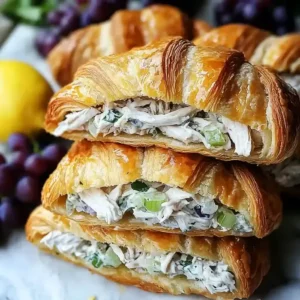 Three golden croissants filled with chicken salad, green onion, and grapes.
