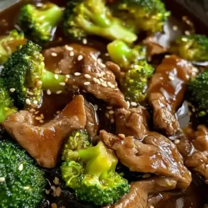 Stir-fried chicken and broccoli in brown sauce with sesame seeds.