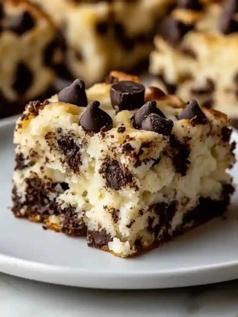 Square chocolate chip biscuit on white plate, golden crust, tender texture.