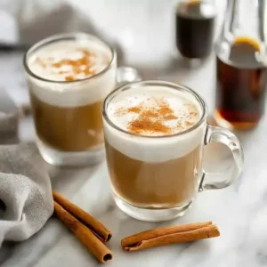 Two glass mugs of foam-topped brown beverage with cinnamon sticks nearby.