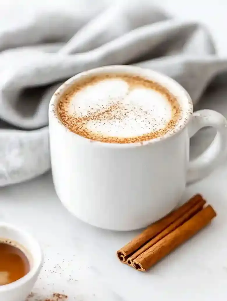 Cinnamon Dolce Latte in a white mug with cinnamon and espresso shot.