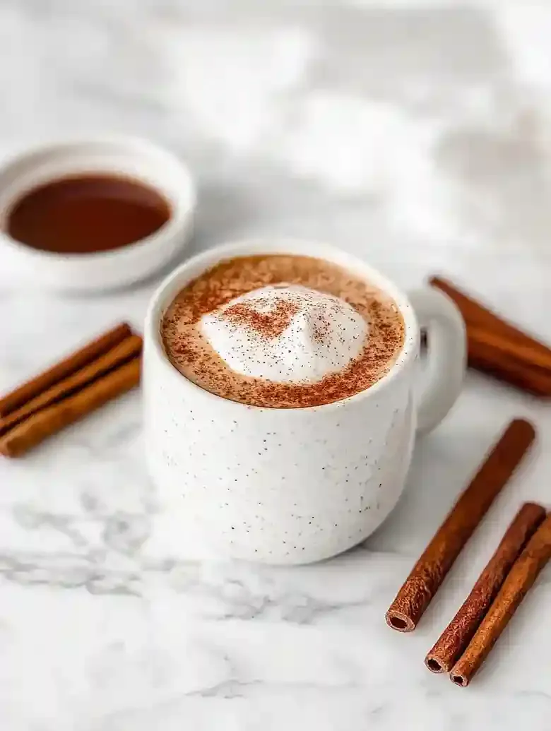 White mug with cinnamon latte, cinnamon sticks, and syrup on marble surface.