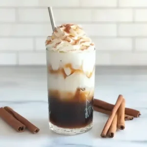 Layered iced cinnamon latte in a tall glass with whipped topping and cinnamon.