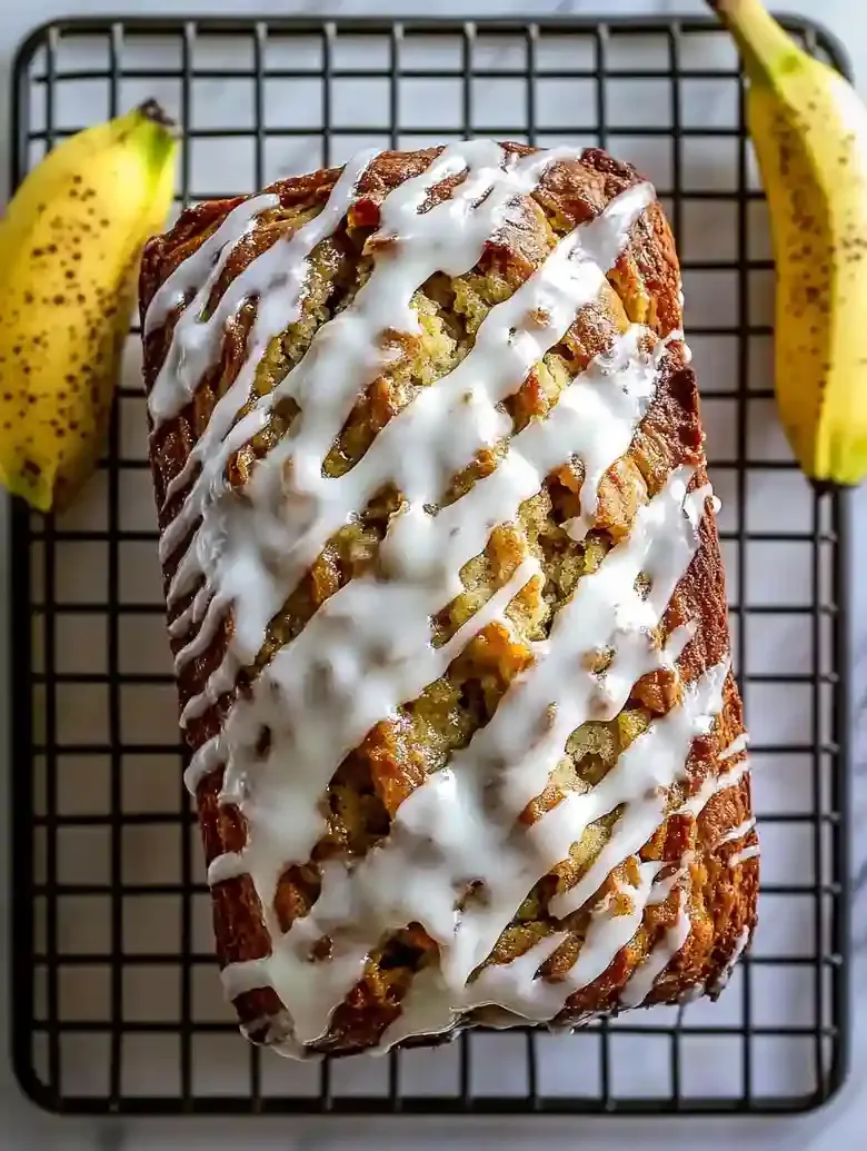 Cinnamon swirl banana bread drizzled with icing on a marble surface.