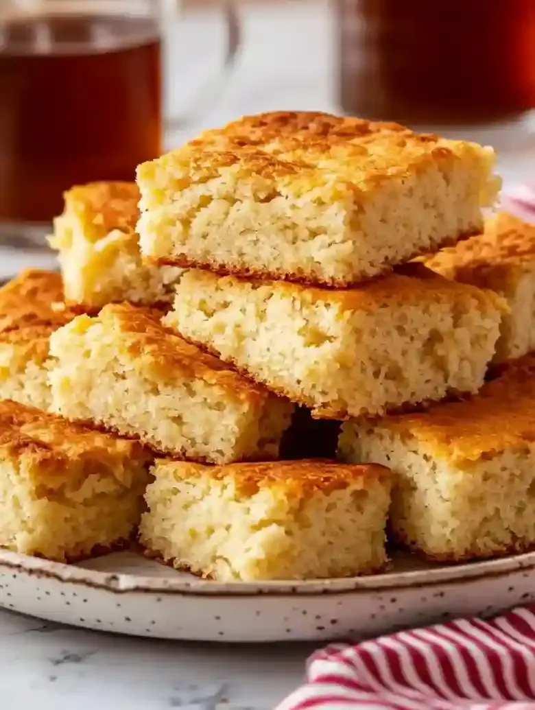Cornbread squares on a ceramic plate, with iced tea on marble surface.