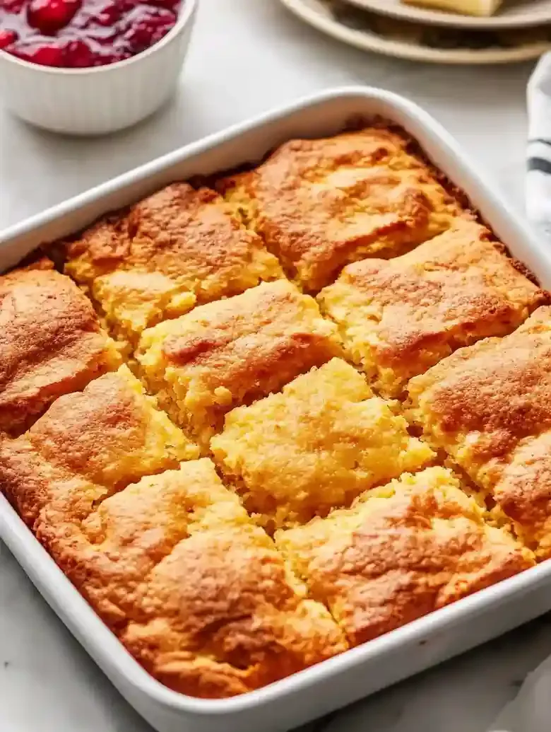 Square cornbread in a ceramic dish with cranberry sauce and butter.