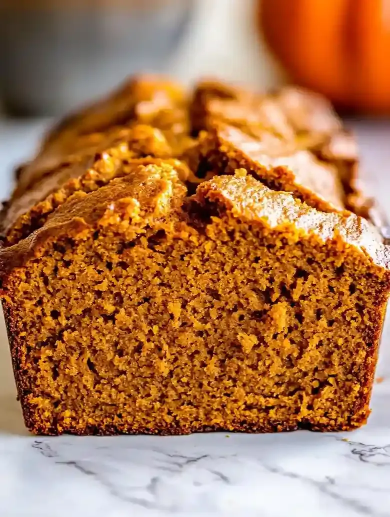 Freshly baked pumpkin loaf on a white marble surface.