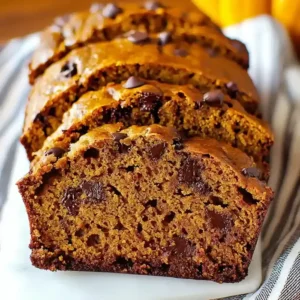 Golden-brown pumpkin loaf slices with semi-sweet chocolate chips.