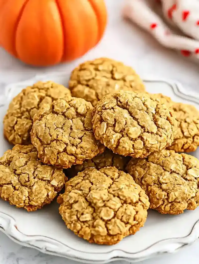 Pumpkin oatmeal cookies on a white dish with an orange pumpkin in background.