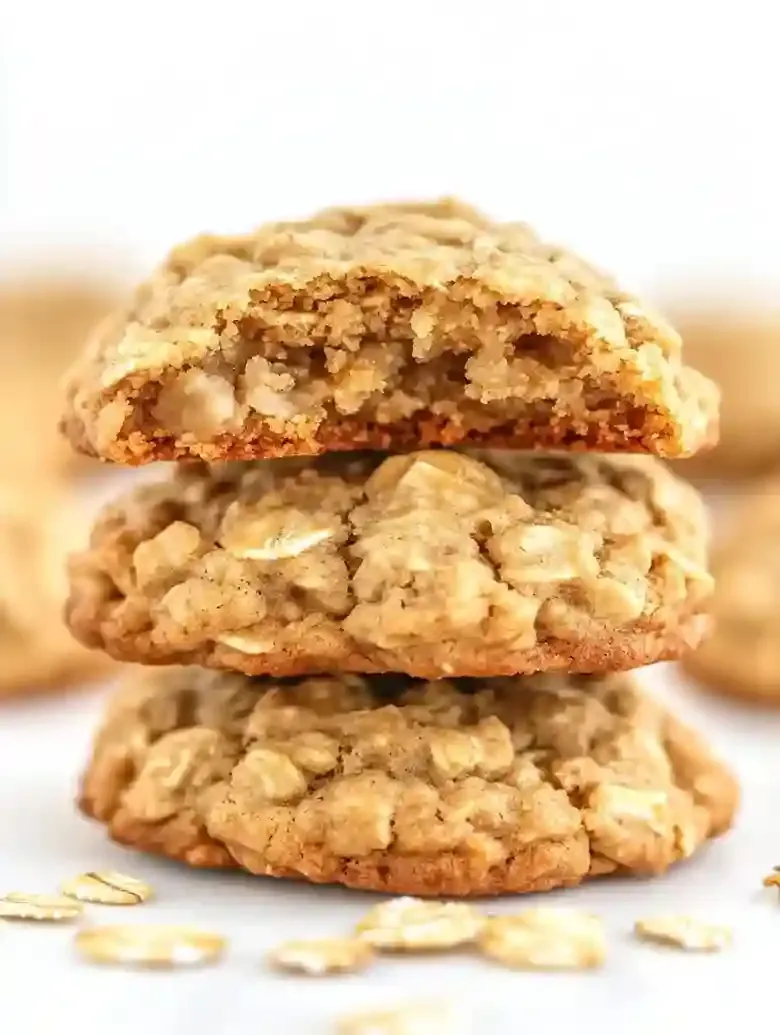 Stack of three oatmeal cookies, one halved to show textured center.