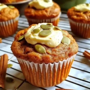 Pumpkin muffin with cream cheese topping on a cooling rack, autumn setting.