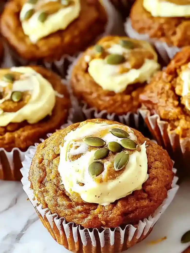 Pumpkin muffins with cream cheese filling and green pumpkin seeds on top.