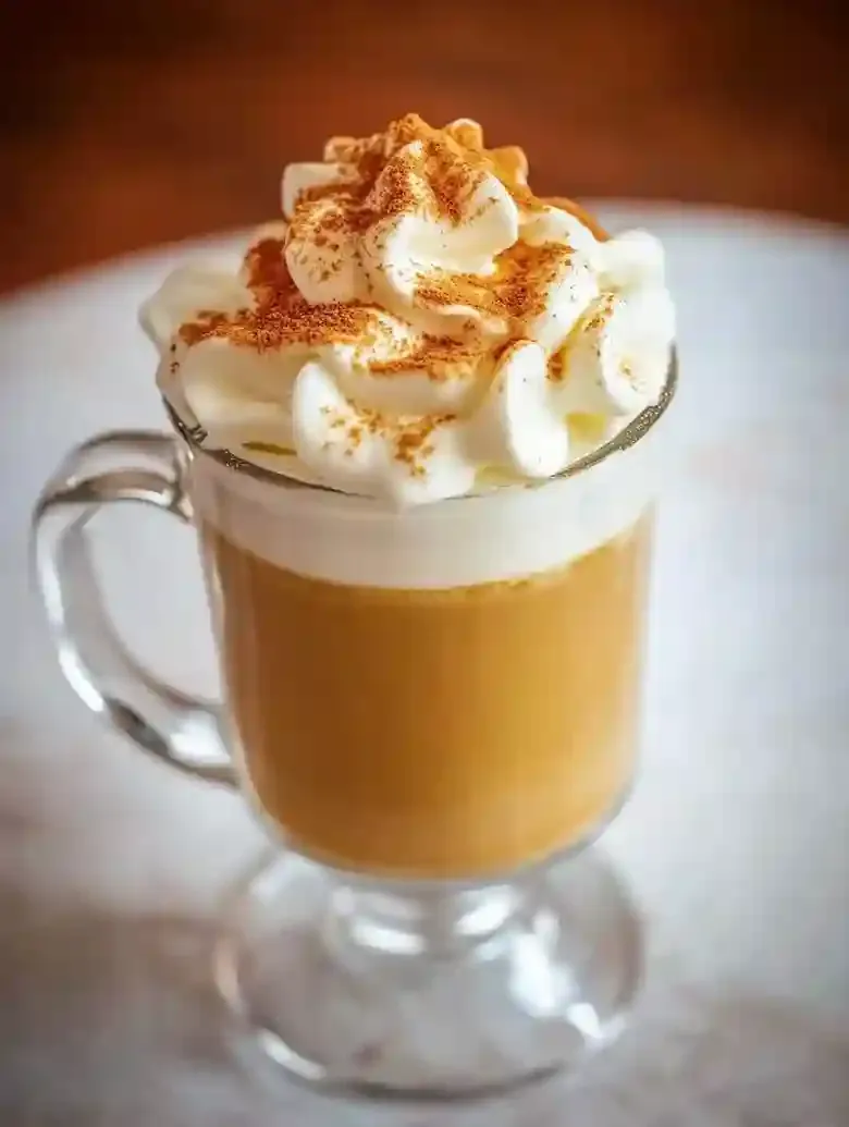 Clear glass mug with warm golden-brown beverage topped with whipped cream and cinnamon.
