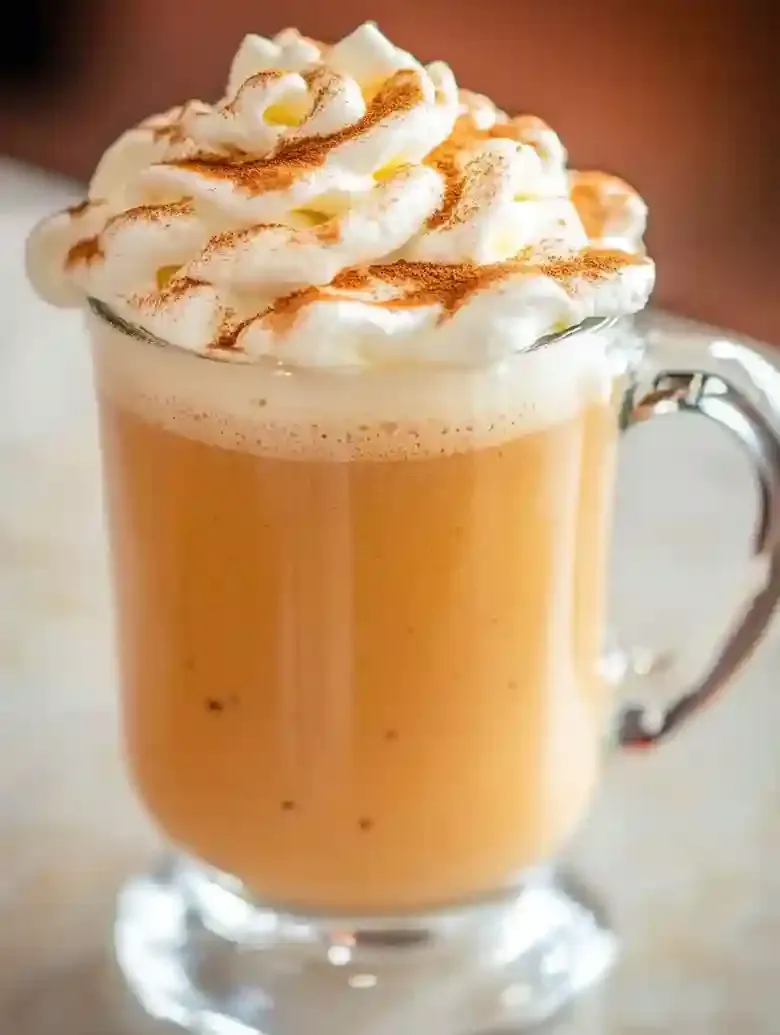 Clear glass mug filled with frothy beverage and topped with whipped cream.
