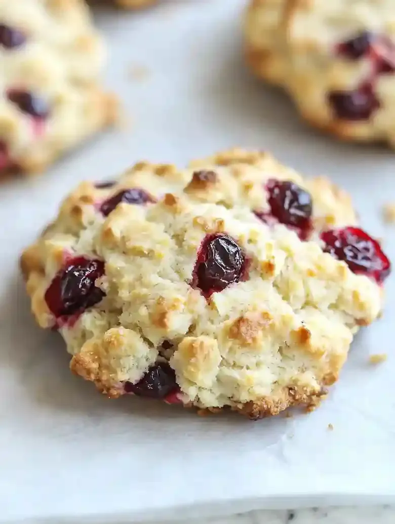 Cranberry orange biscuit with flaky crust on white marble surface.