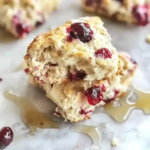 Cranberry orange swim biscuits drizzled with honey on marble surface.