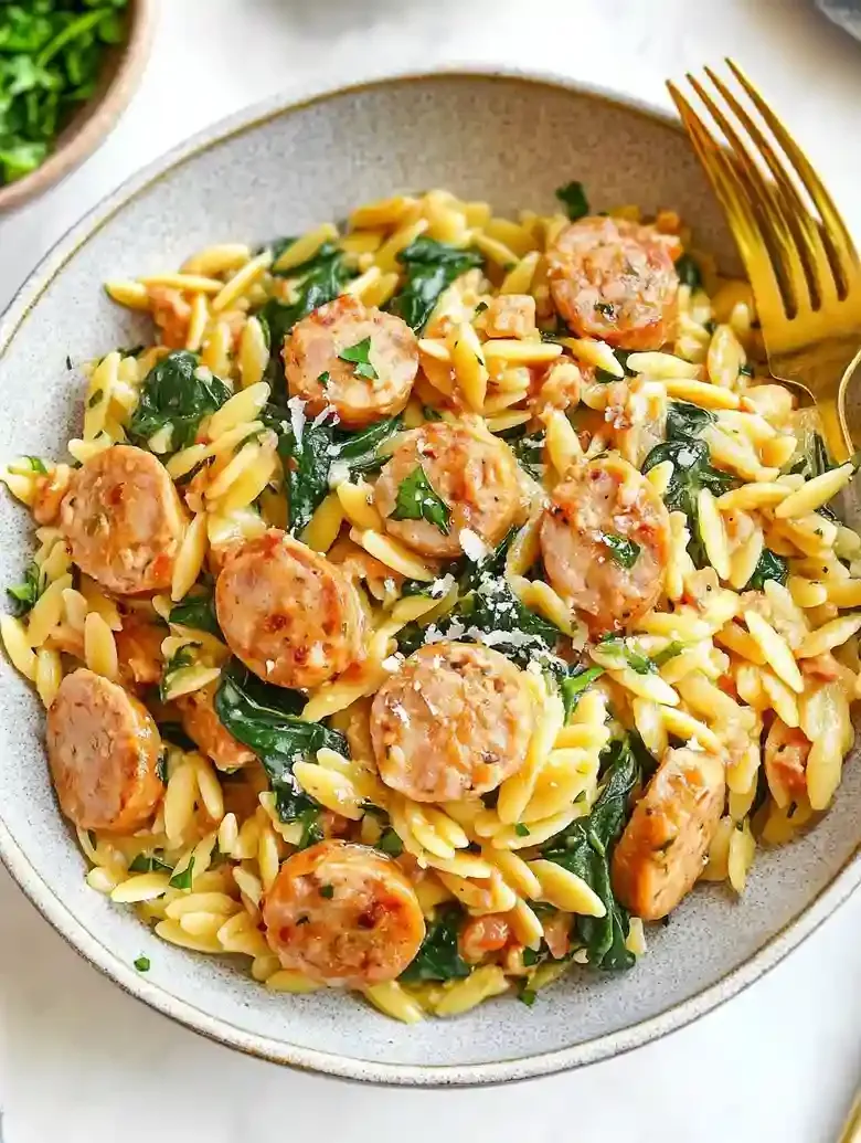 Chicken sausage orzo in a ceramic bowl, garnished with Parmesan and herbs.